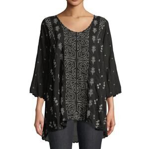 Johnny Was Ridden Black Embroidered Tunic Long Sleeve Blouse, Small